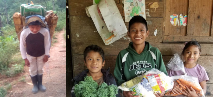 Victor carrying wood and Victor and his siblings smiling and holding a food package delivered by the school